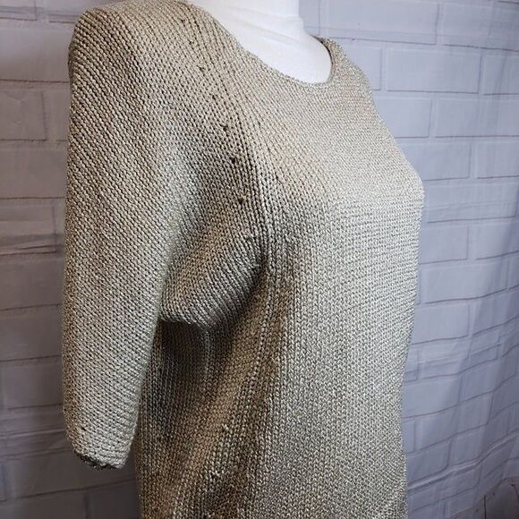 Beautiful NEW Chicos Gold Metallic Knit Short Sleeve Sweater womens 1 M Holiday - Picture 2 of 10